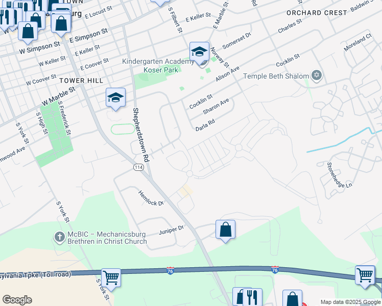 map of restaurants, bars, coffee shops, grocery stores, and more near 105 Despina Drive in Mechanicsburg