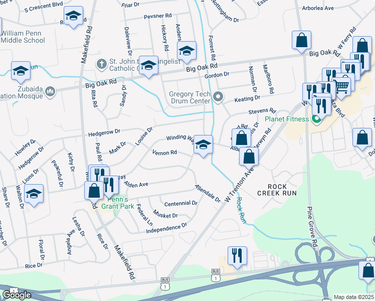 map of restaurants, bars, coffee shops, grocery stores, and more near 220 Vernon Road in Morrisville