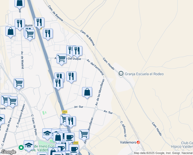 map of restaurants, bars, coffee shops, grocery stores, and more near 28 Avenida De las Arboledas in Valdemoro