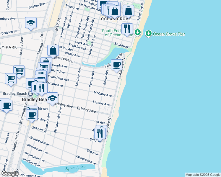 map of restaurants, bars, coffee shops, grocery stores, and more near 100 Ocean Park Avenue in Bradley Beach