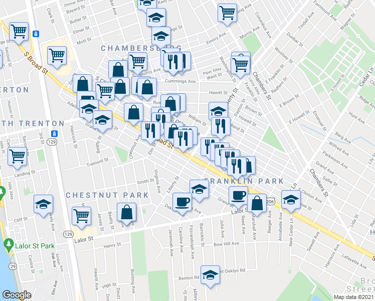 map of restaurants, bars, coffee shops, grocery stores, and more near 1100 South Broad Street in Trenton