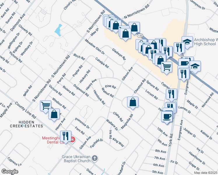 map of restaurants, bars, coffee shops, grocery stores, and more near 894 Pine Road in Warminster