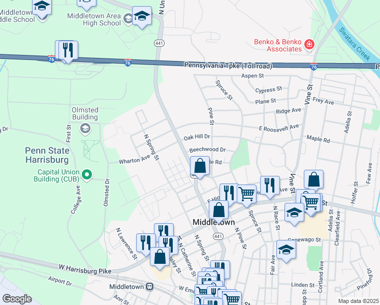map of restaurants, bars, coffee shops, grocery stores, and more near 16 Beechwood Drive in Middletown