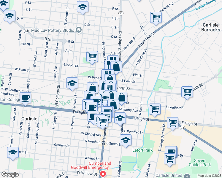 map of restaurants, bars, coffee shops, grocery stores, and more near 163 North Hanover Street in Carlisle