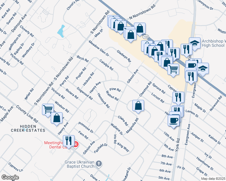 map of restaurants, bars, coffee shops, grocery stores, and more near 894 Pine Road in Warminster
