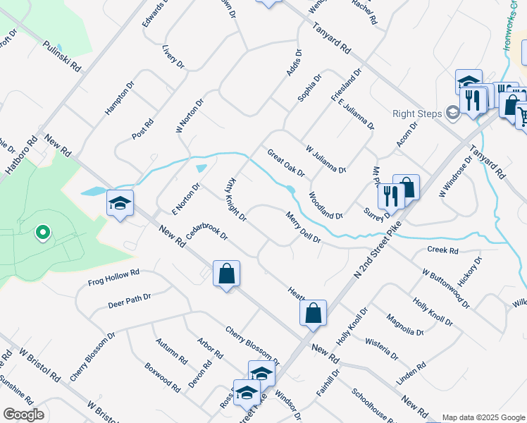 map of restaurants, bars, coffee shops, grocery stores, and more near 143 Merry Dell Drive in Churchville