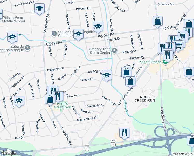 map of restaurants, bars, coffee shops, grocery stores, and more near 218 Vernon Road in Morrisville