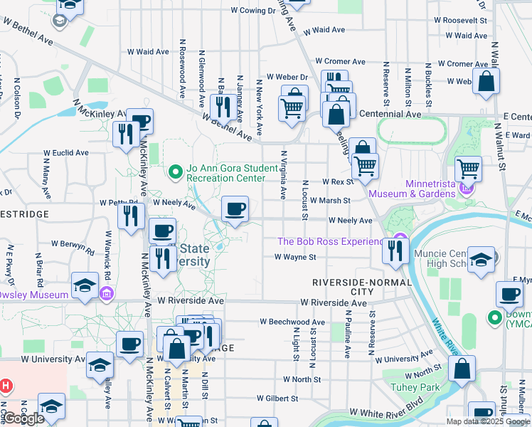 map of restaurants, bars, coffee shops, grocery stores, and more near 1224 West Neely Avenue in Muncie