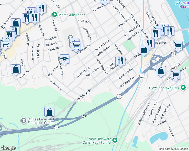 map of restaurants, bars, coffee shops, grocery stores, and more near 140 Cox Avenue in Morrisville