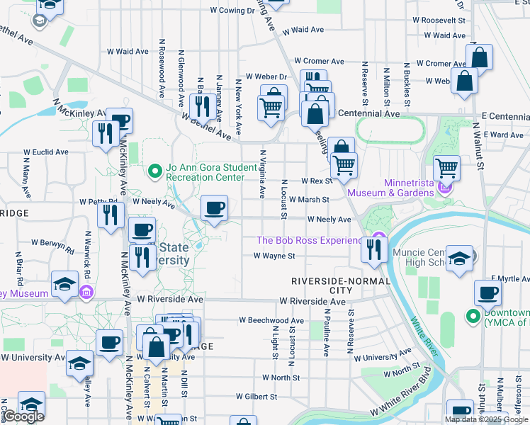 map of restaurants, bars, coffee shops, grocery stores, and more near 1128 West Neely Avenue in Muncie