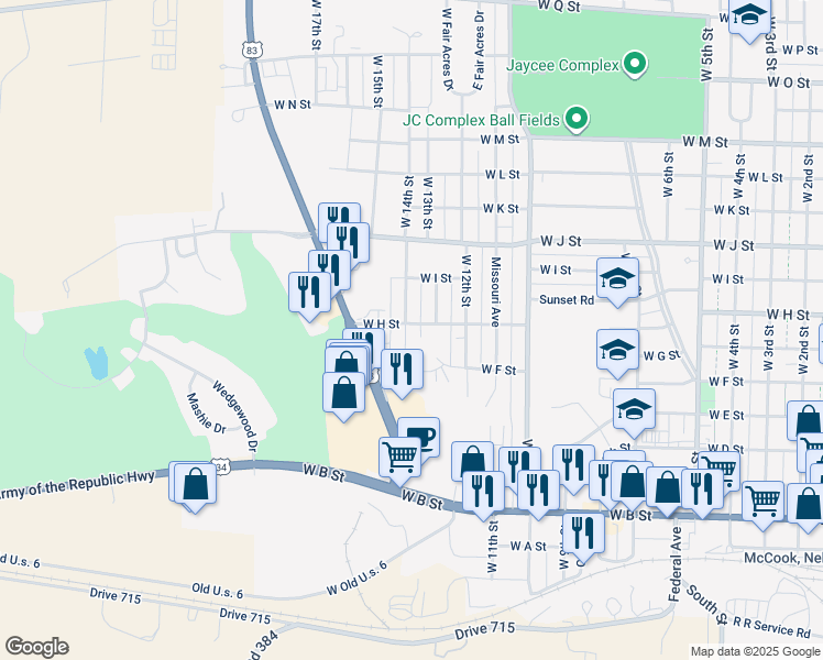 map of restaurants, bars, coffee shops, grocery stores, and more near 723 West 14th Street in McCook