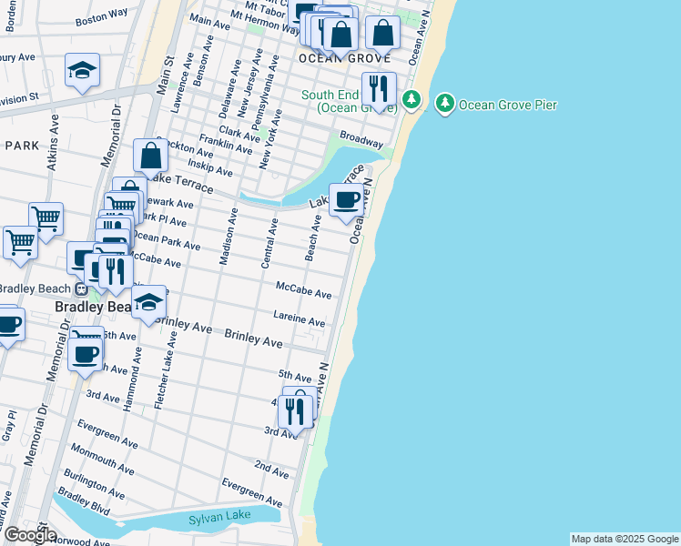 map of restaurants, bars, coffee shops, grocery stores, and more near 900 Ocean Avenue in Bradley Beach