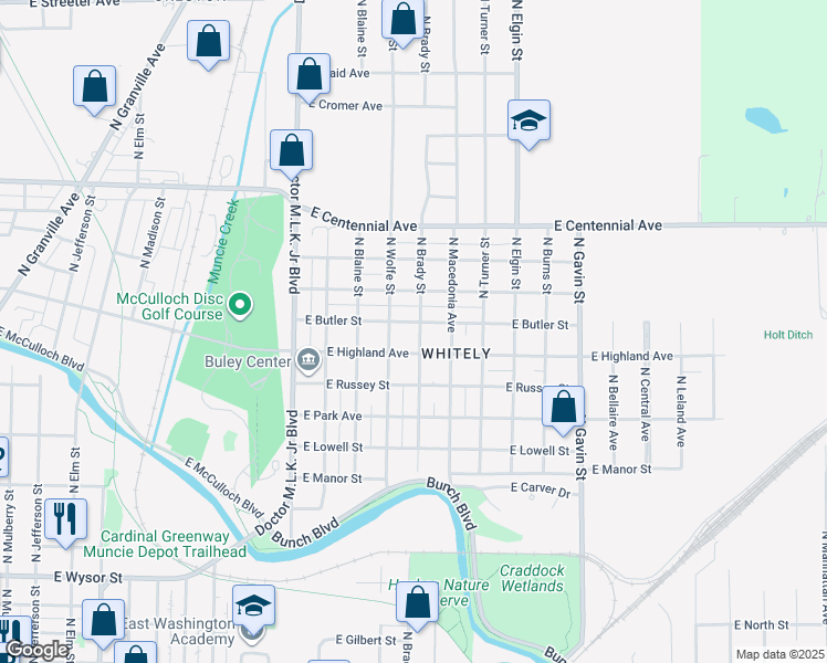 map of restaurants, bars, coffee shops, grocery stores, and more near 1525 East Butler Street in Muncie