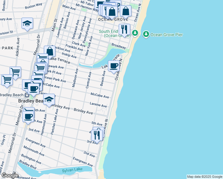 map of restaurants, bars, coffee shops, grocery stores, and more near 900 Ocean Avenue in Bradley Beach