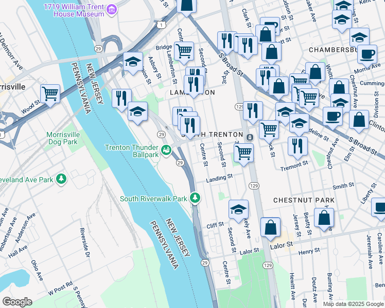 map of restaurants, bars, coffee shops, grocery stores, and more near 838 Lamberton Street in Trenton