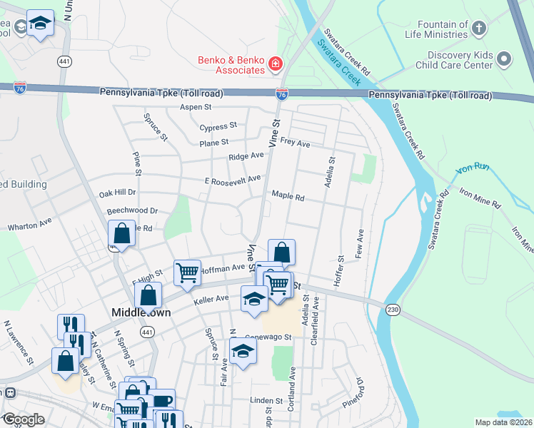 map of restaurants, bars, coffee shops, grocery stores, and more near 634 Vine Street in Middletown