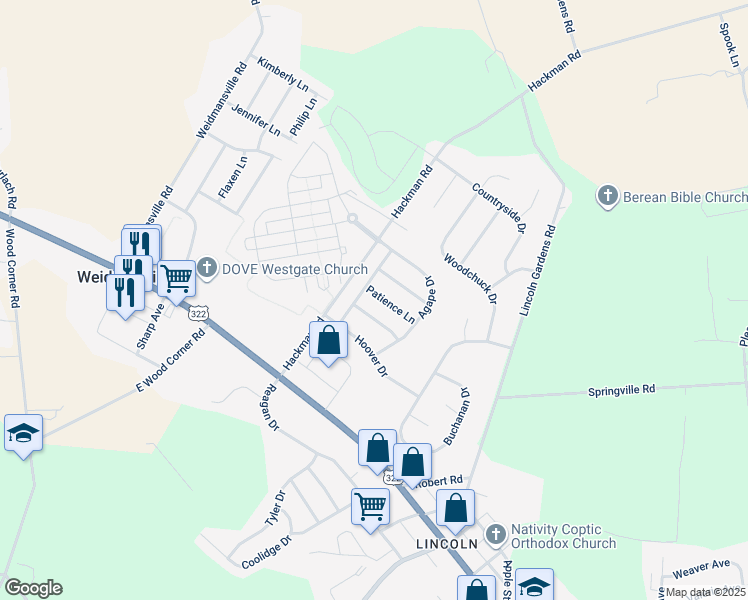 map of restaurants, bars, coffee shops, grocery stores, and more near 14 Patience Lane in Ephrata