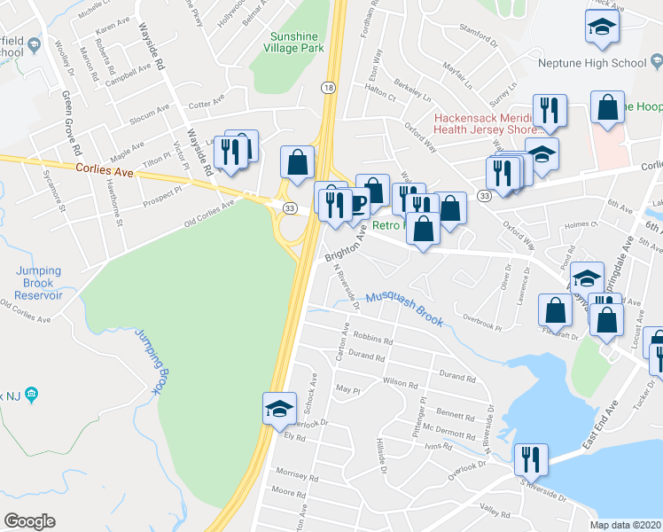 map of restaurants, bars, coffee shops, grocery stores, and more near 530 North Riverside Drive in Manasquan