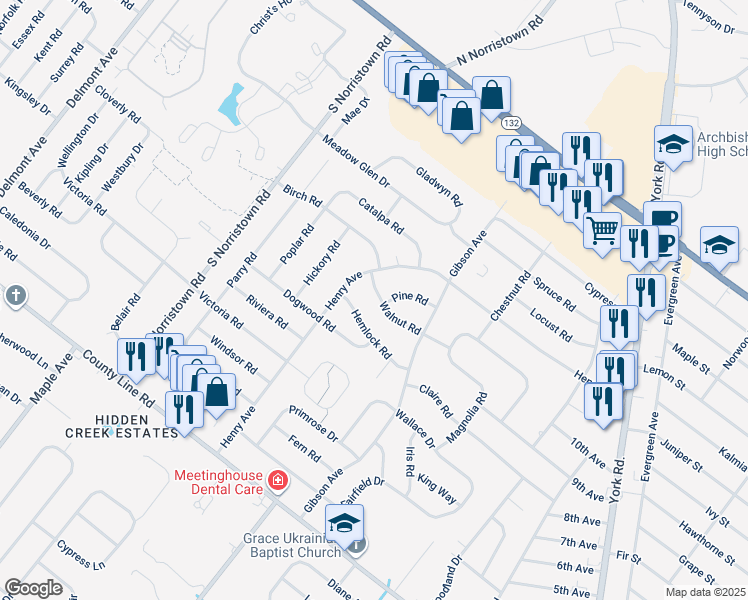 map of restaurants, bars, coffee shops, grocery stores, and more near 920 Walnut Road in Warminster