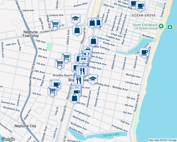 map of restaurants, bars, coffee shops, grocery stores, and more near 603 McCabe Avenue in Bradley Beach