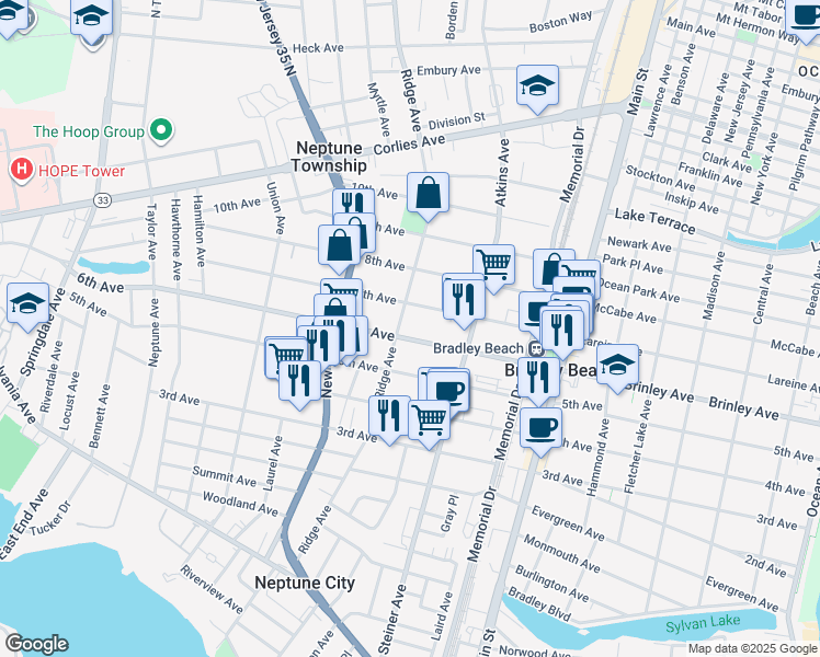 map of restaurants, bars, coffee shops, grocery stores, and more near 1222 7th Avenue in Neptune City
