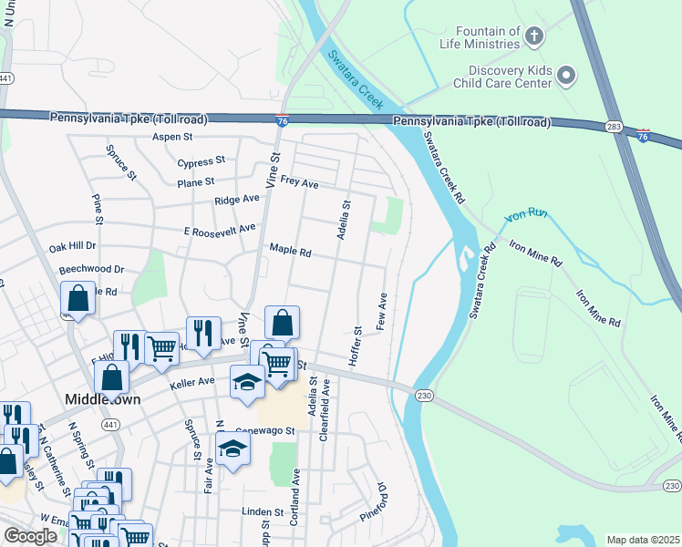 map of restaurants, bars, coffee shops, grocery stores, and more near 739 Adelia Street in Middletown