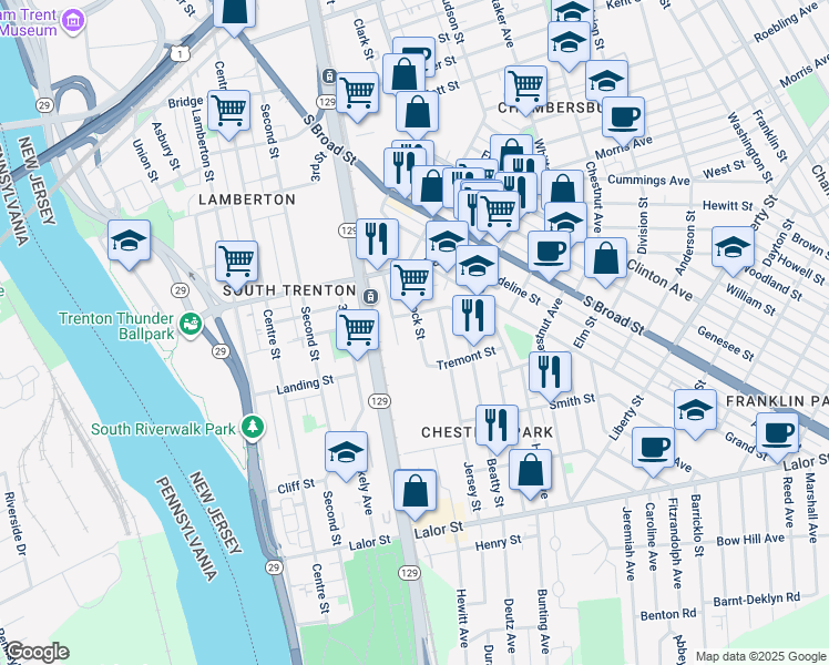 map of restaurants, bars, coffee shops, grocery stores, and more near 125 Hancock Street in Trenton