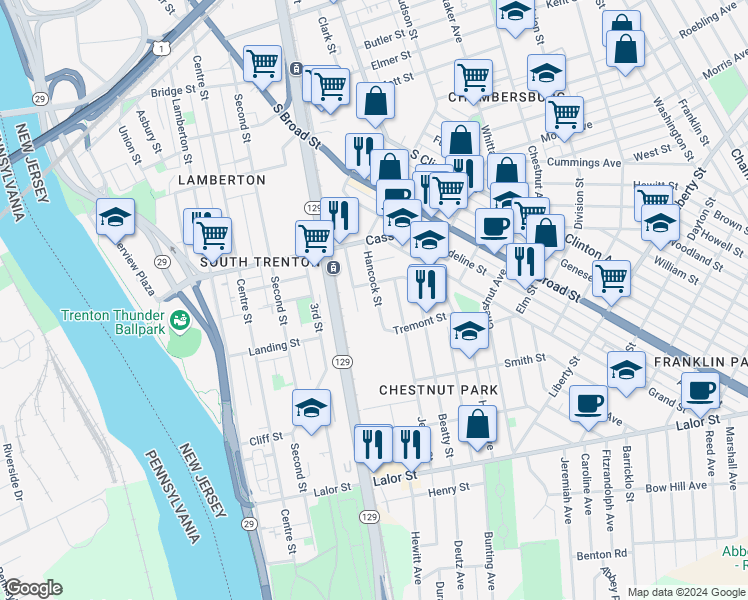 map of restaurants, bars, coffee shops, grocery stores, and more near 125 Hancock Street in Trenton