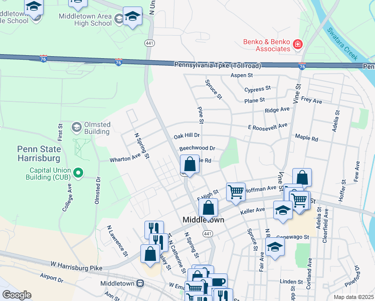 map of restaurants, bars, coffee shops, grocery stores, and more near 16 Beechwood Drive in Middletown