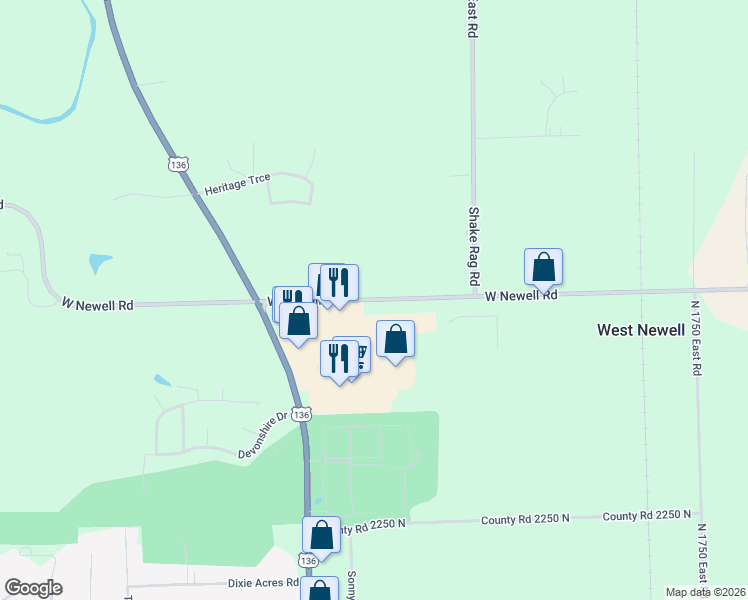 map of restaurants, bars, coffee shops, grocery stores, and more near West Newell Road in Danville