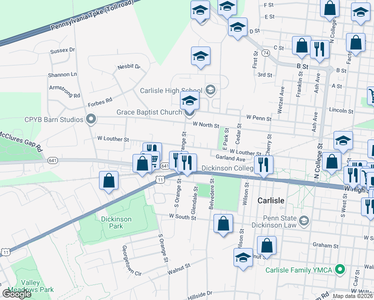 map of restaurants, bars, coffee shops, grocery stores, and more near 756 West Louther Street in Carlisle