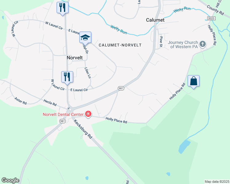 map of restaurants, bars, coffee shops, grocery stores, and more near 4007 Pennsylvania 981 in Mount Pleasant