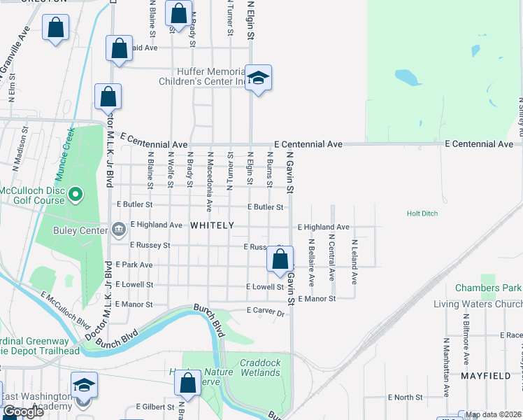 map of restaurants, bars, coffee shops, grocery stores, and more near 1915 East Butler Street in Muncie