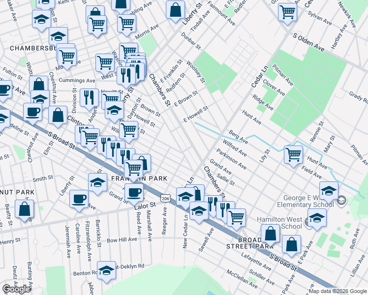map of restaurants, bars, coffee shops, grocery stores, and more near 1062 Franklin Street in Trenton