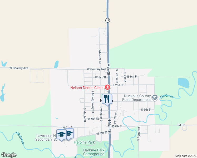 map of restaurants, bars, coffee shops, grocery stores, and more near 115 West 1st Street in Nelson