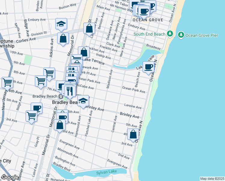 map of restaurants, bars, coffee shops, grocery stores, and more near 314 McCabe Avenue in Bradley Beach