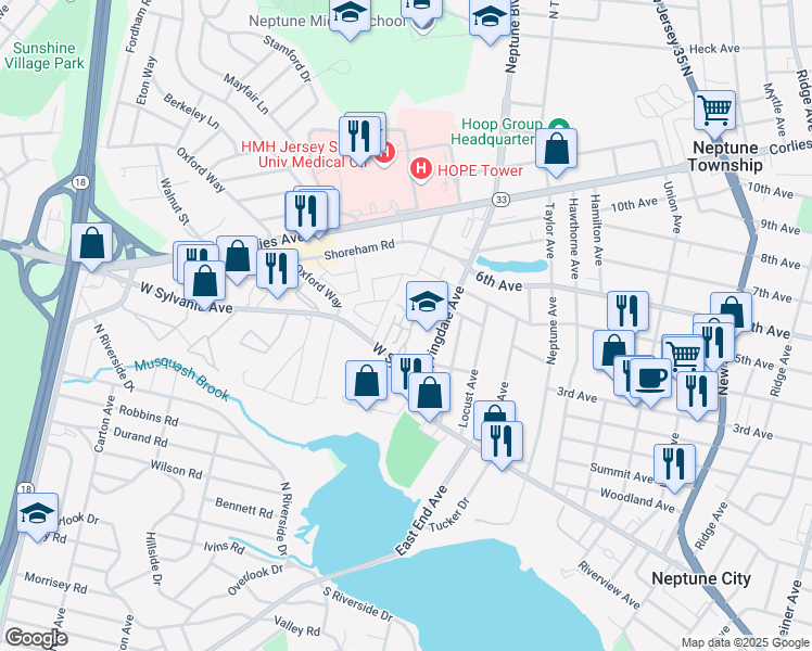 map of restaurants, bars, coffee shops, grocery stores, and more near 220 West Sylvania Avenue in Neptune City