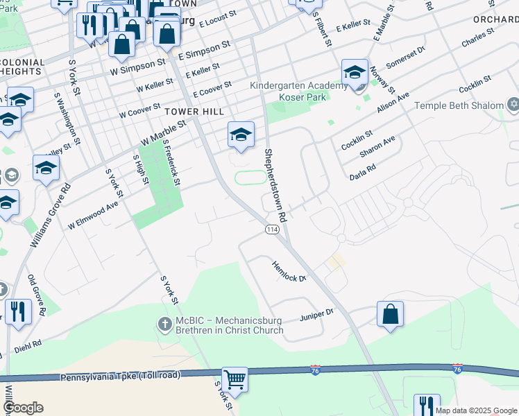 map of restaurants, bars, coffee shops, grocery stores, and more near 39 Southpoint Drive in Mechanicsburg
