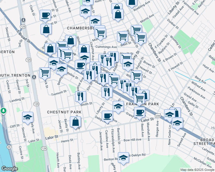 map of restaurants, bars, coffee shops, grocery stores, and more near 1100 South Broad Street in Trenton