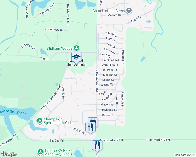 map of restaurants, bars, coffee shops, grocery stores, and more near 333 Logan Street in Mahomet