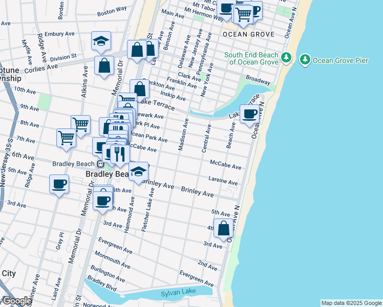 map of restaurants, bars, coffee shops, grocery stores, and more near 314 McCabe Avenue in Bradley Beach