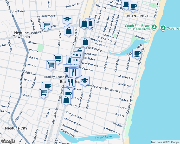 map of restaurants, bars, coffee shops, grocery stores, and more near 505 McCabe Avenue in Bradley Beach
