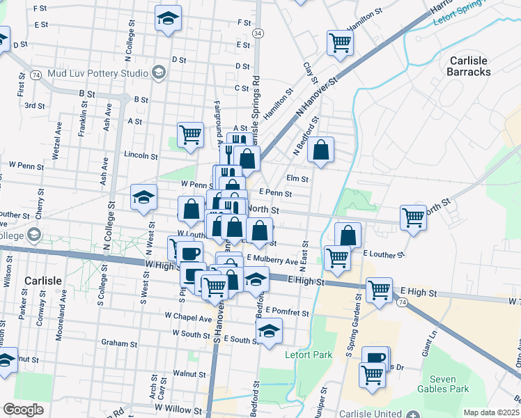 map of restaurants, bars, coffee shops, grocery stores, and more near 53 East North Street in Carlisle