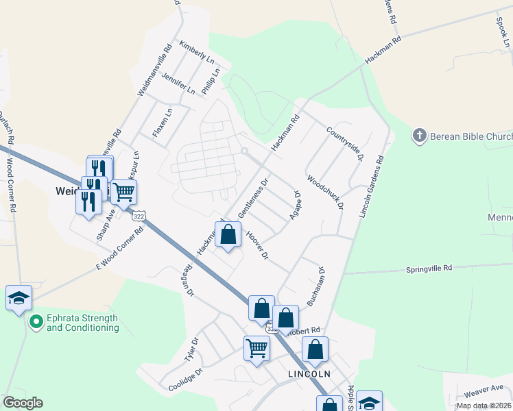 map of restaurants, bars, coffee shops, grocery stores, and more near 10 Patience Lane in Ephrata