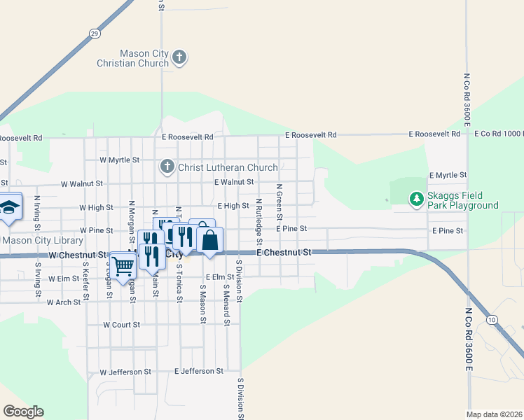 map of restaurants, bars, coffee shops, grocery stores, and more near 601 East High Street in Mason City