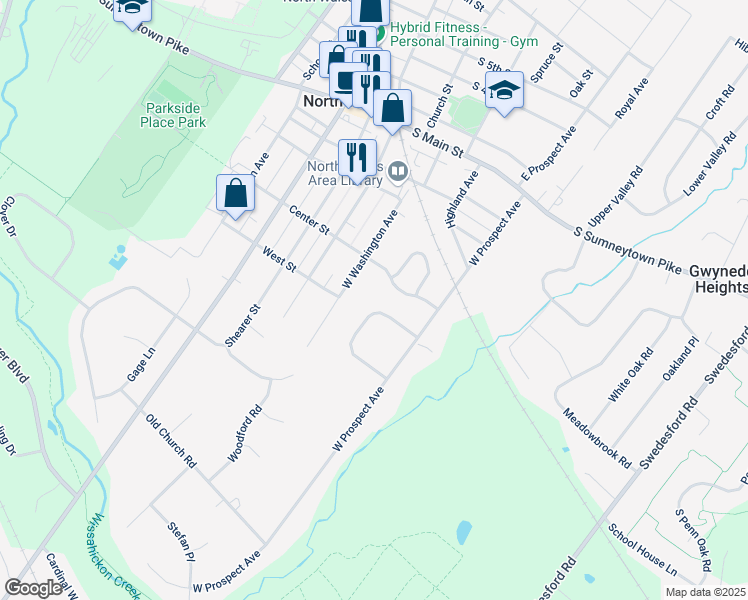 map of restaurants, bars, coffee shops, grocery stores, and more near 411 Carmichael Drive in North Wales