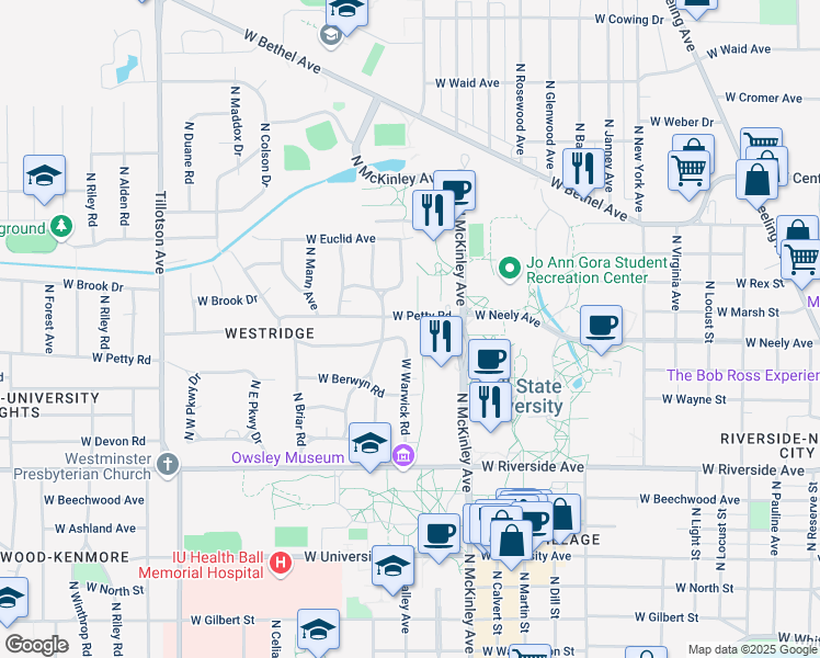 map of restaurants, bars, coffee shops, grocery stores, and more near 1246 West Warwick Road in Muncie