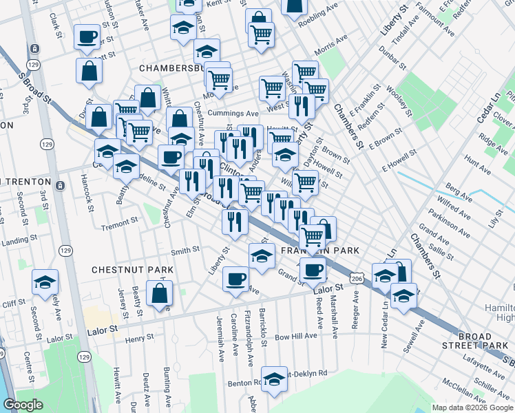 map of restaurants, bars, coffee shops, grocery stores, and more near 327 Liberty Street in Trenton