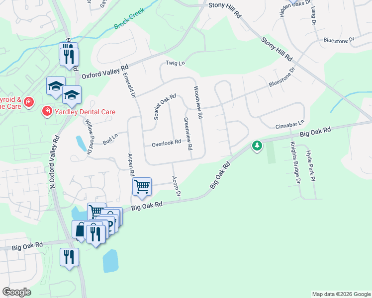 map of restaurants, bars, coffee shops, grocery stores, and more near 241 Greenview Road in Yardley