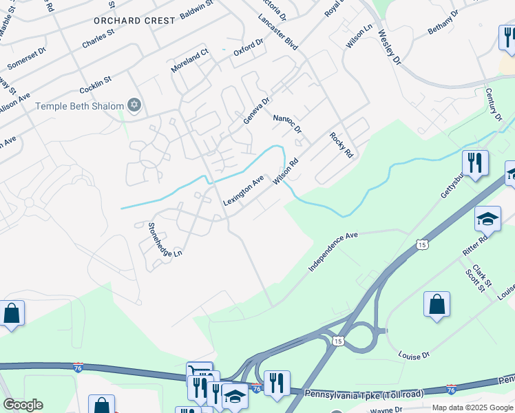 map of restaurants, bars, coffee shops, grocery stores, and more near 543 Harvest Lane in Mechanicsburg